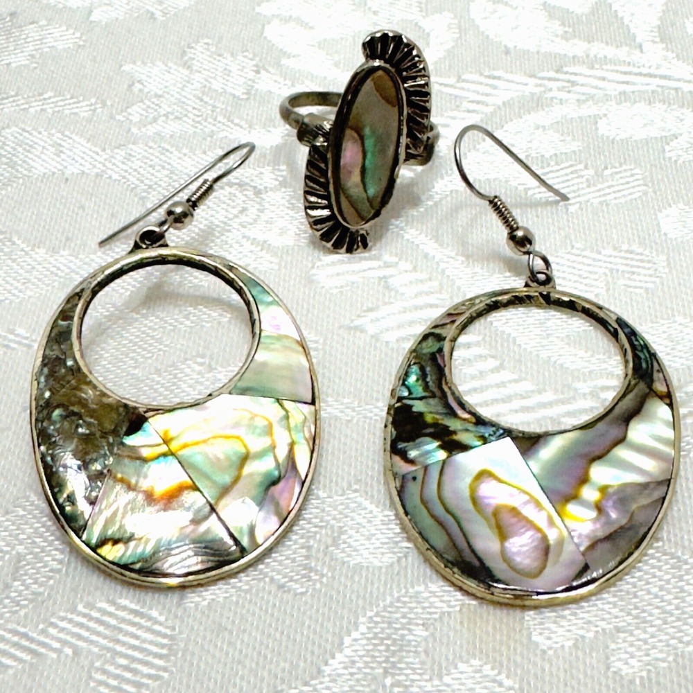 VTG Alpaca Silver Mexico Abalone Dangle Circle Hook Earrings Ring Jewelry Set